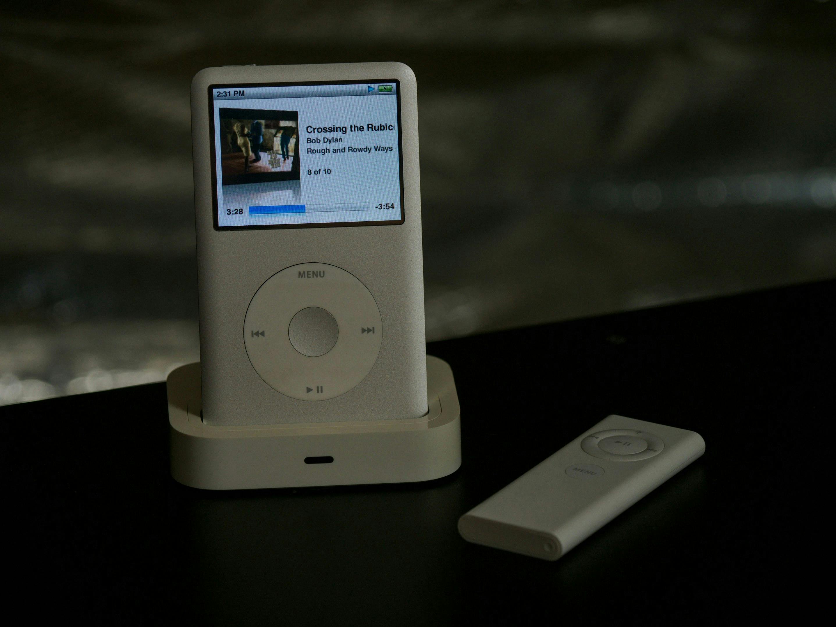 iPod Classic playing on a dock.