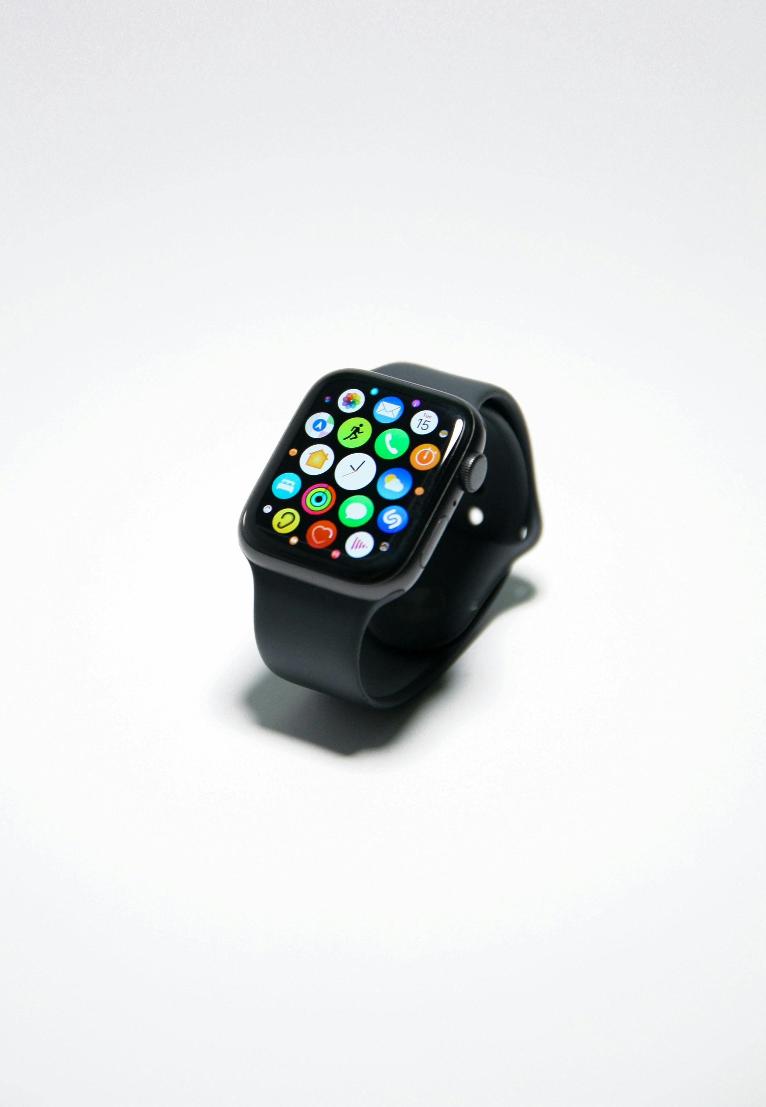 Front of an Apple Watch on the app screen.